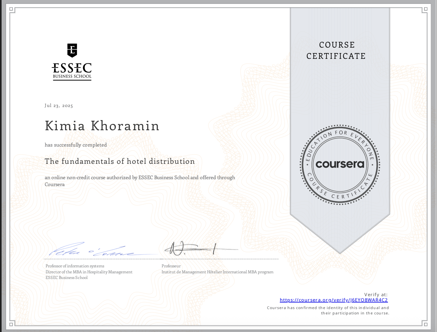 Hotel Front Office Operations Certificate