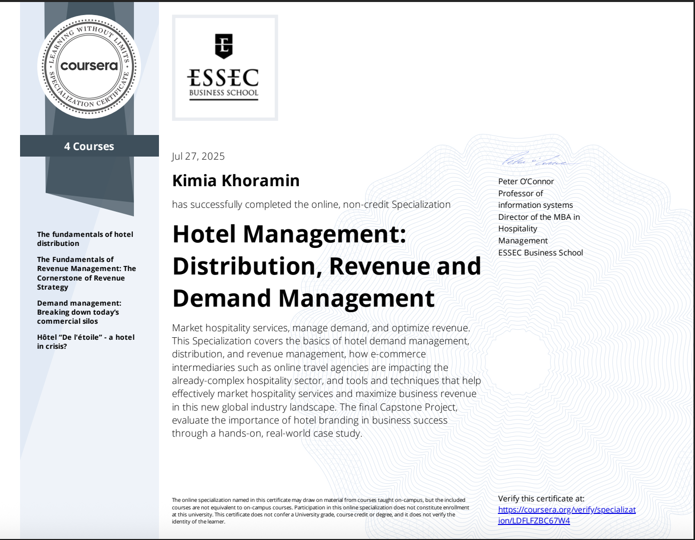 Hotel Management: Distribution, Revenue and Demand Management Certificate