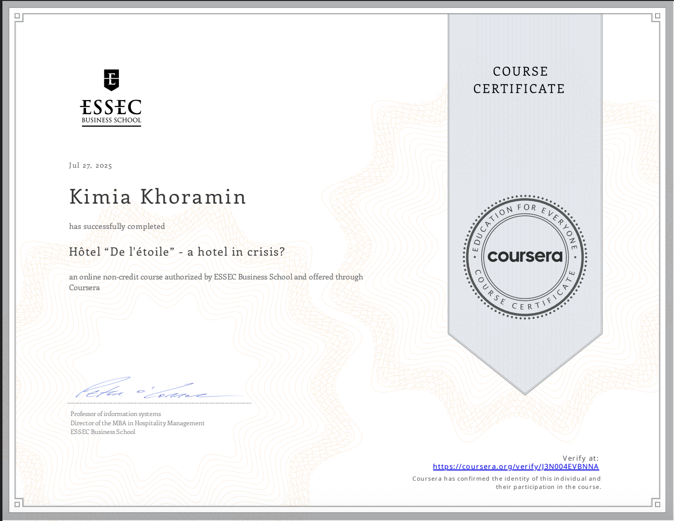 Hôtel De l'étoile - a hotel in crisis Certificate